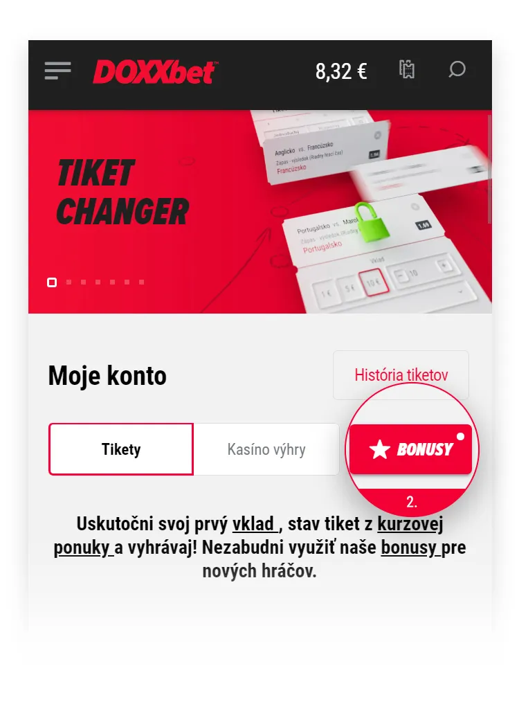 Umiestnenie červeného tlačidla bonusy, kde hráč nájde sekciu Promokód