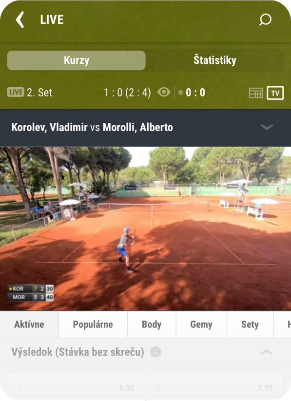 DOXXbet Live streamy Live ponuka s ukážkou ikonky TV, ktorá označuje live stream